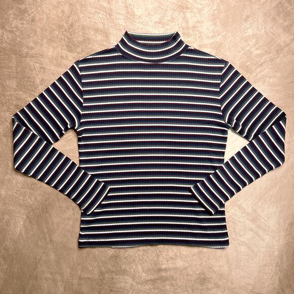 Vintage 90s Paris Sport Club Striped Ribbed Mock Neck Shirt Long Sleeve Retro - Picture 1 of 6